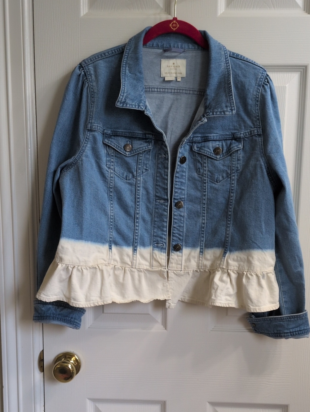 Kate Spade Light Blue Denim Jacket with Cream Ruffle Hem, XL
